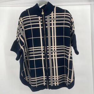 Anne Klein Navy Cream Plaid Short Sleeve Full-Zip Cardigan Sweater